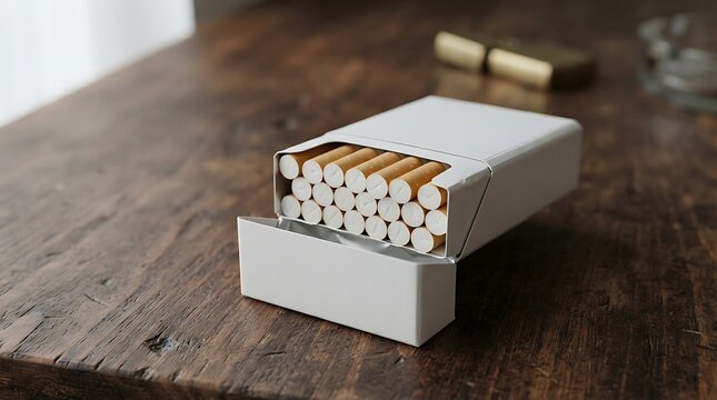Open pack of white cigarettes on a rustic wooden table with a lighter in the background