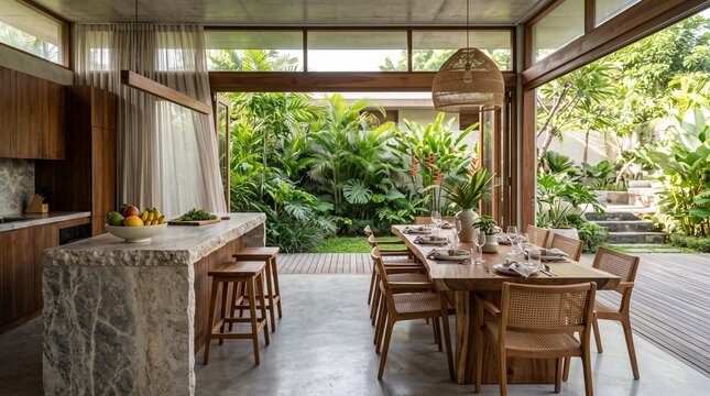 Tropical luxury kitchen and outdoor dining space with a raw stone island, wooden furniture, and seamless connection to a lush garden