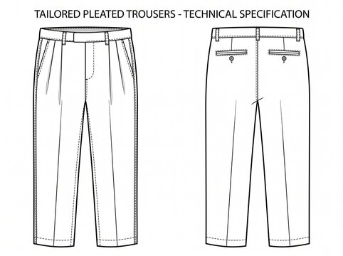 Technical fashion sketch of tailored pleated trousers front and back view