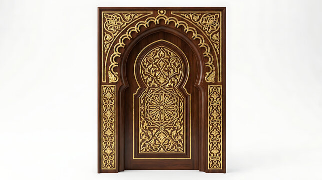 Ornate islamic mihrab with gold arabesque and dark wood