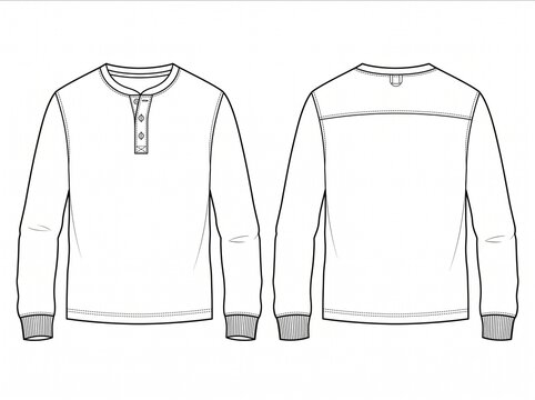 Long sleeve henley shirt fashion flat sketch technical drawing template
