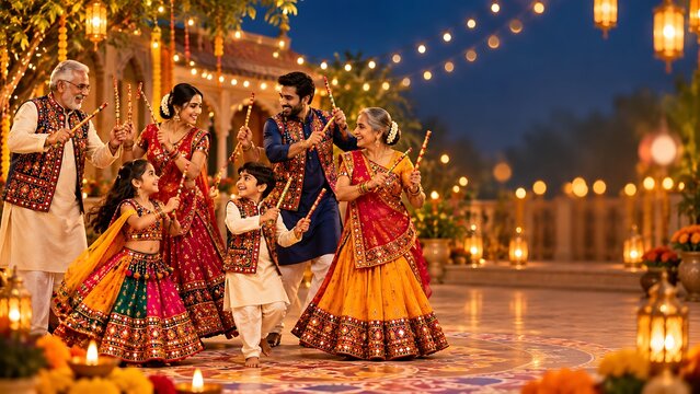 Indian family dancing together during navratri festival in traditional colorful clothes