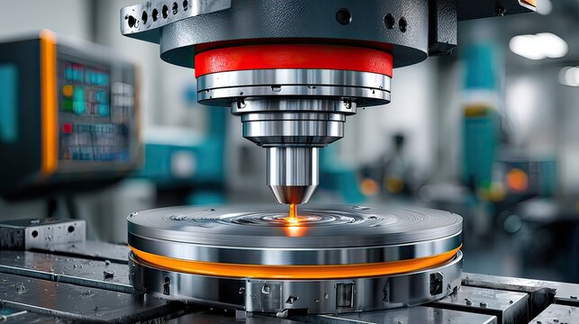 Precision machining of metal on modern CNC equipment with glowing laser and intricate details in a factory environment