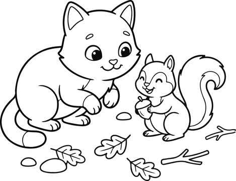 Cute kitten sitting on the ground looking at a happy squirrel holding an acorn, black and white outline illustration for coloring book