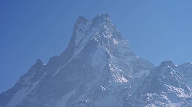 Mt.Machapuchare (6,993 m) the holy mountain in Annapurna region in Nepal seen from Mardi Himal upper viewpoint in Spring season.
