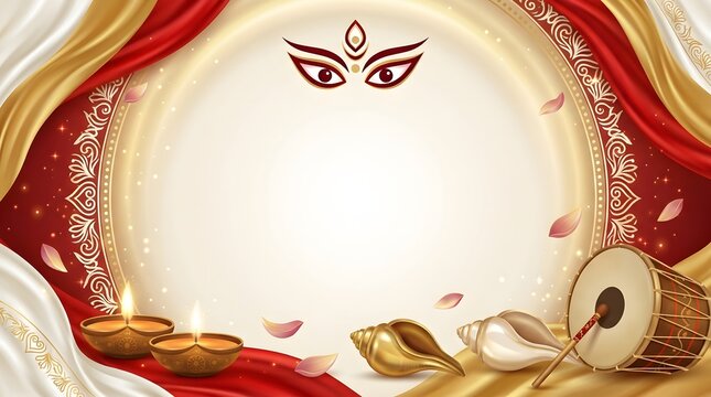 Divine durga puja circular frame with traditional bengali elements.