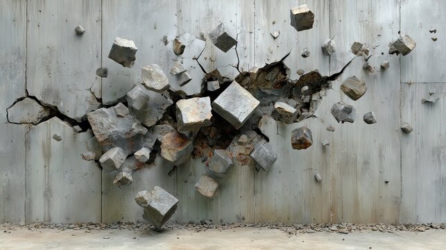 Abstract depiction of concrete blocks breaking through a distressed wall showcasing dynamic movement and structural fragmentation
