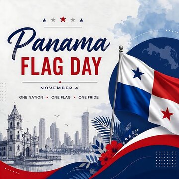 Panama flag day banner with national flag and city skyline on november 4th holiday