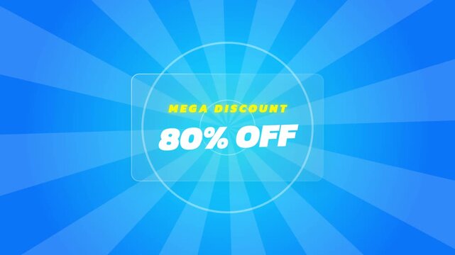 Mega discount 80 percent off graphic animation on blue background.