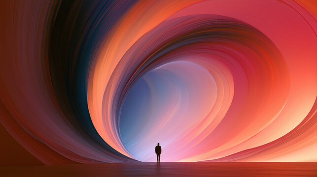 Abstract flowing tunnel of vivid coral, red, pink, and blue light surrounding a solitary human silhouette, creating a futuristic immersive environment with dramatic motion and depth