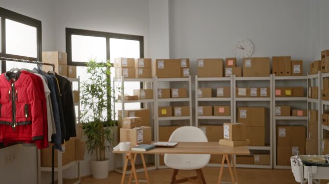Blurred ecommerce packing room with cardboard boxes on metal shelving, clothing rack and desk in soft bokeh office; background backplate copyspace template.