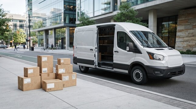 White delivery van parked on a city street with stacked cardboard boxes on the sidewalk for professional courier service
