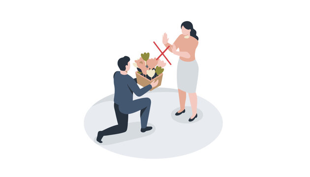 Disappointed man proposing on his knee with a box of flowers is rejected by a woman showing a stop gesture.