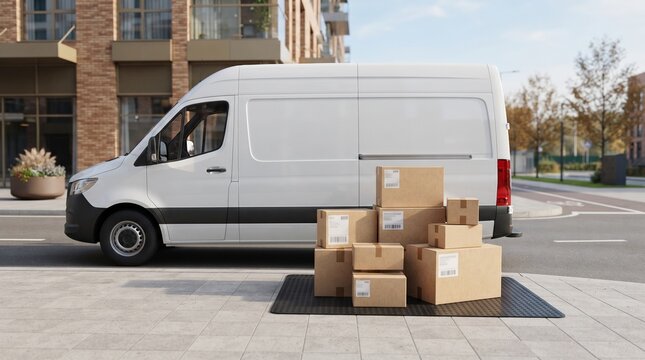 Cardboard packages piled on the sidewalk beside a white delivery van parked on a city street