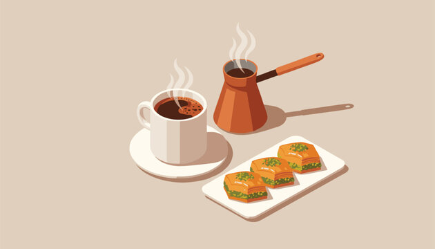 Traditional hot Turkish coffee in a white cup and copper pot served with three pieces of sweet pistachio baklava on a plate.