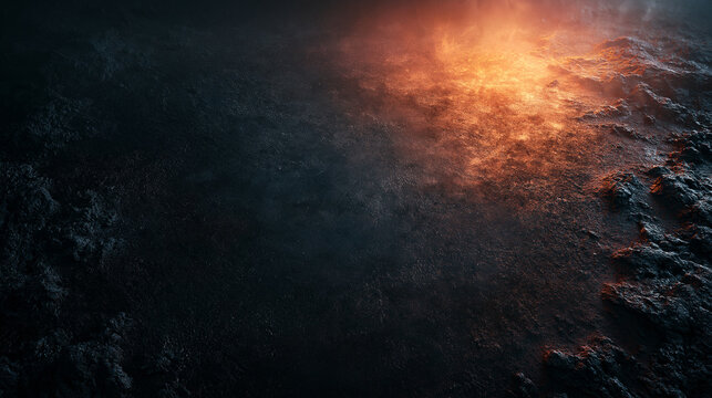 Volcanic terrain texture with glowing lava heat and rising steam in dark environment.