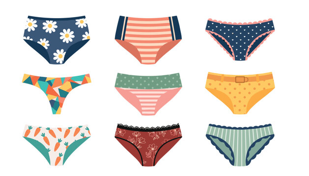 Cute women underwear vector icon set featuring variety of patterned panties briefs thong with flowers stripes hearts carrots lace
