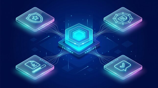 Futuristic digital data ecosystem featuring shield and messaging icons connected to central core in isometric 3D style symbolizing secure business communications and integrated cloud services