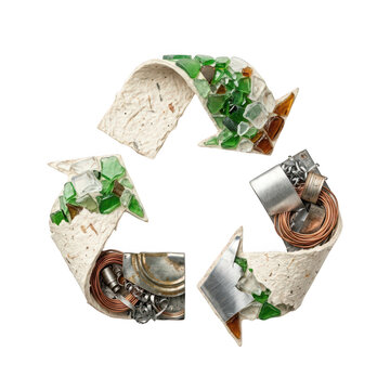 Recycle symbol made from paper, broken glass and metal pieces.