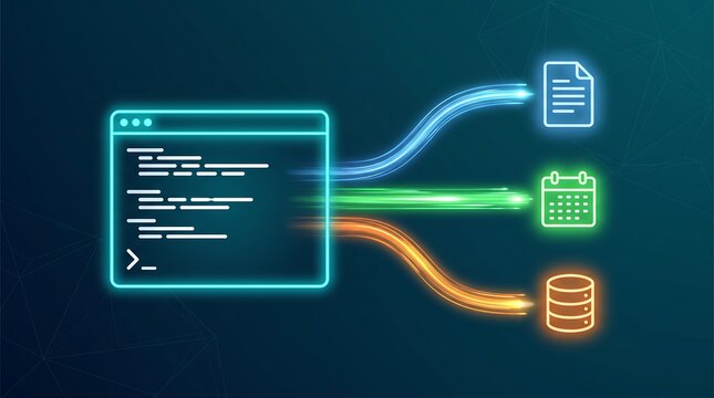 Digital command line interface processing data streams into cloud documents and database files in futuristic 3D render style representing software development and information technology workflows