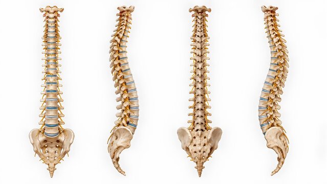 Highly detailed 3D medical visualization of the human spinal column showing vertebrae, intervertebral discs, nerves, sacrum, and coccyx in multiple anatomical views on white background.