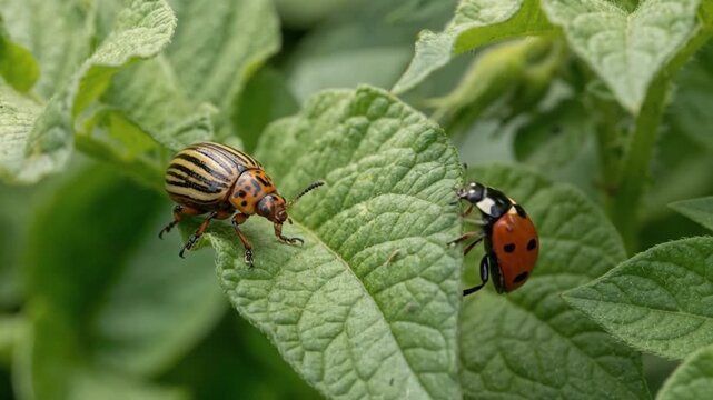 Beneficial insects protecting crops as a natural pest control method, realistic sustainable agriculture & food technology with precision monitoring, efficient resource automated precision fa