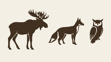 Fototapeta premium Set of three minimalist wildlife silhouettes including a bull moose with large antlers, a standing forest fox, and a perched owl, isolated on a light beige textured paper background.