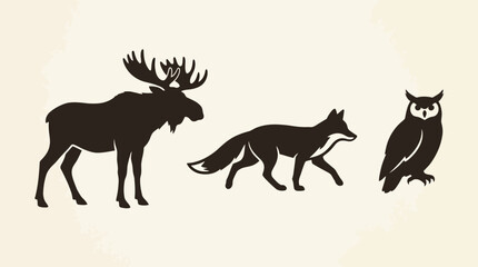 Fototapeta premium Minimalist Forest Animal Silhouettes Featuring a Moose, Fox, and Owl in Dark Brown against a Textured Cream Background for Nature and Wildlife Decorative Design Projects