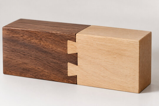 Two interlocking wooden dovetail joints forming a seamless rectangle, minimalist.