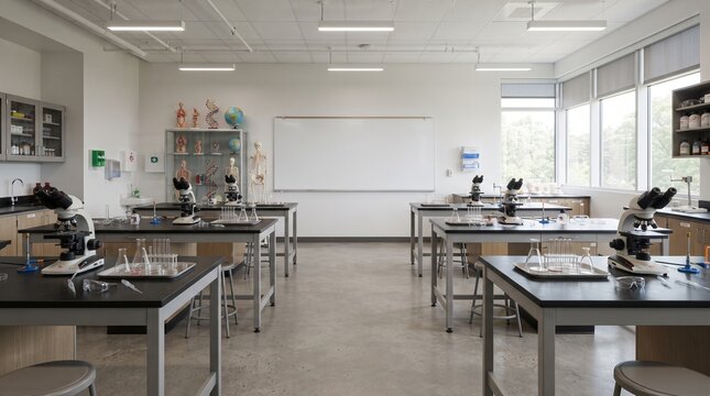 Interior view of an empty modern science classroom and laboratory equipped with microscopes, lab benches, and whiteboards ready for education and research