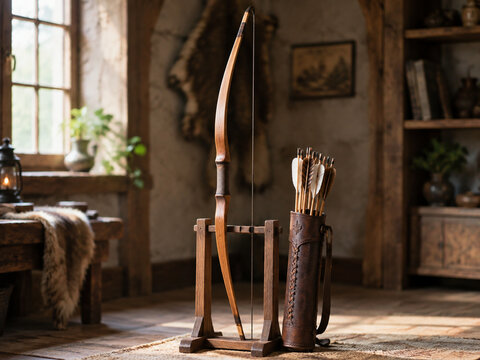 A tall longbow standing upright on a wooden rack with a quiver of arrows beside it.