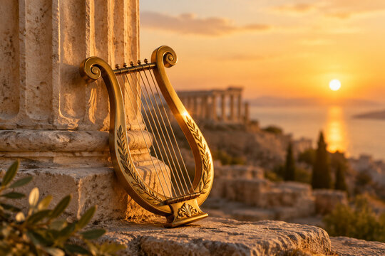A golden lyre leaning against an ancient column at sunset.