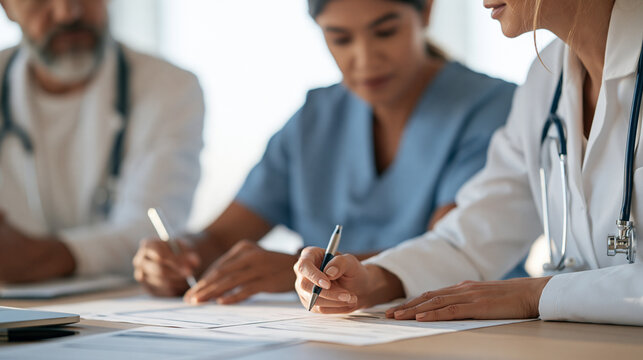 Multicultural medical professionals discussing patient documents around a hospital desk, healthcare teamwork, clinical administration, diagnosis, collaboration, medical meeting,