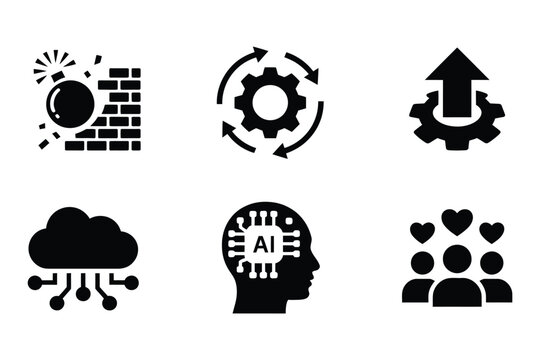 demolition wrecking productivity computing and social connection icon collection, black vector symbols featuring wrecking ball gear cycle cloud ai technology and networking