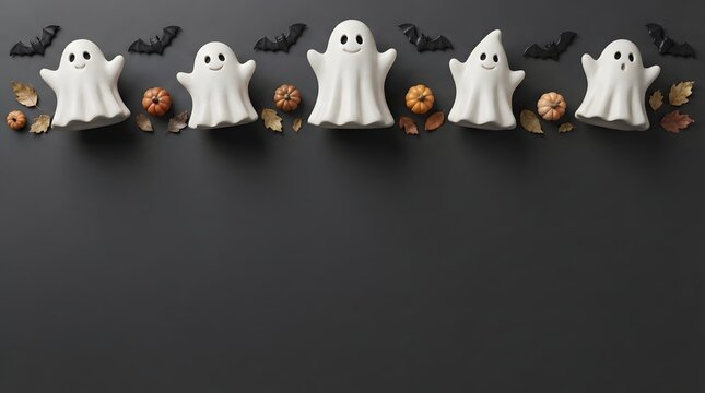 Top border of cute white ghost figurines and black bat decorations on a dark black background for halloween