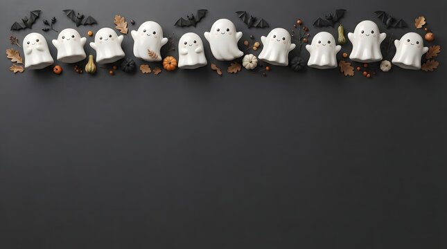 Top border made of cute little ghost figurines and black bats on a dark gray background for halloween