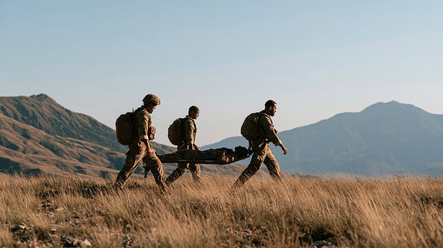 Military medical evacuation training with medics transporting a simulated injured person across difficult terrain, teamwork, emergency response, field medicine, rescue training,