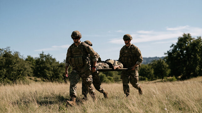 Military medical evacuation training with medics transporting a simulated injured person across difficult terrain, teamwork, emergency response, field medicine, rescue training,