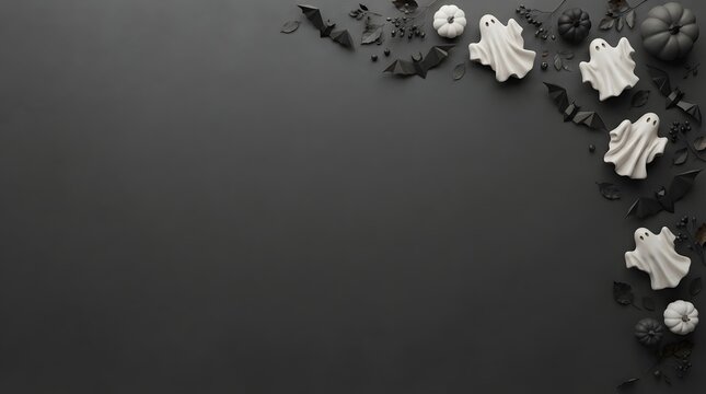 Top view of delicious homemade halloween cookies arranged in a corner on a dark black background with copy space