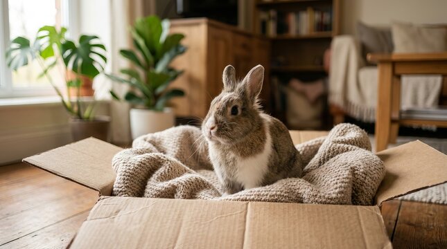 Rabbit Sitting in Open Cardboard Box with Soft Blanket