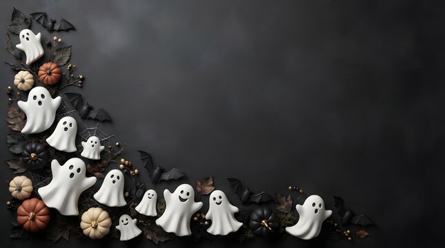 Festive halloween background with cute ghost figurines and dark decorations arranged on a textured black surface