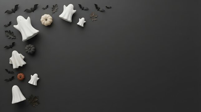Top view of delicious homemade halloween cookies shaped like ghosts and bats on a dark black background