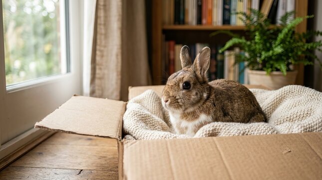 Rabbit Sitting in Open Cardboard Box with Soft Blanket