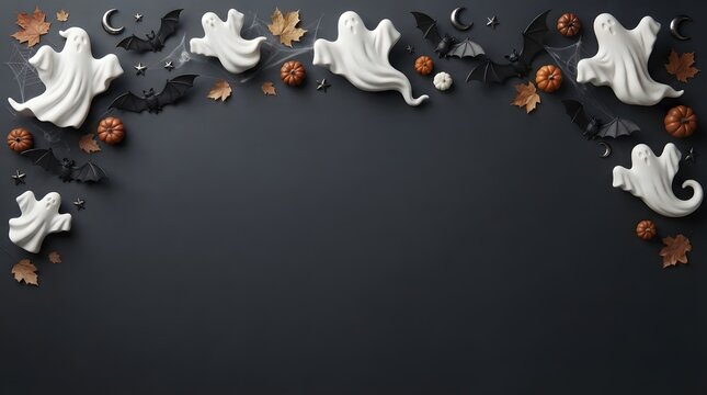 Top border frame made of cute white ghost decorations and halloween candies on a dark black background