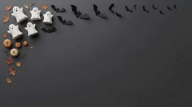 Top view of halloween decorations featuring small ghost figures and black bats arranged on a dark background