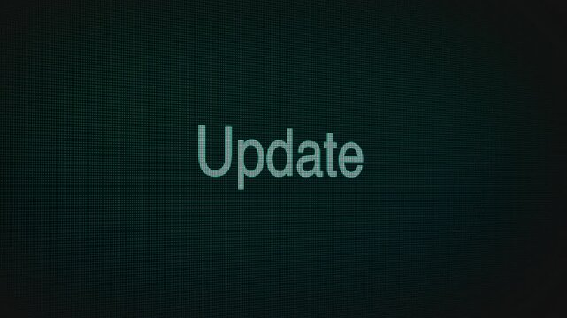 Update word text typing animation on a computer screen created in After Effects. Motion graphics highlight software upgrades, progress, and digital communication with modern IT concepts and workflow