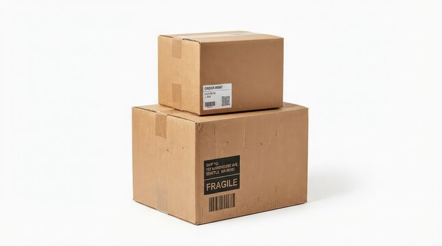 Stacked cardboard boxes with shipping labels ready for logistics and delivery operations
