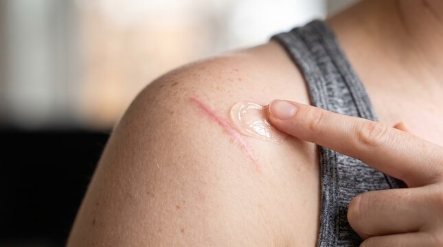 Close-up view of a person applying dermatological scar treatment ointment on damaged skin for recovery and repair.