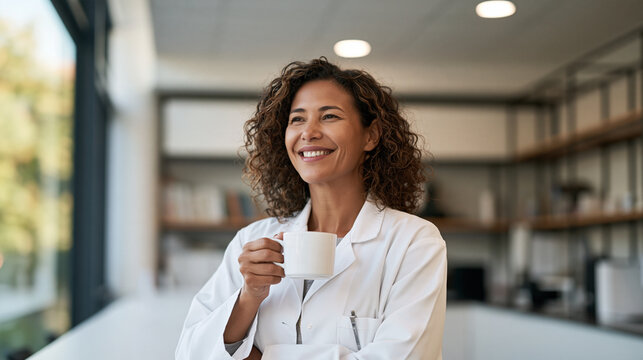 Smiling healthcare worker drinking coffee during a short break in a hospital staff room, authentic medical lifestyle, doctor wellbeing, healthcare worker, workplace routine, with