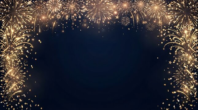 Dark blue background framed by exploding golden fireworks and falling confetti for celebrations new year